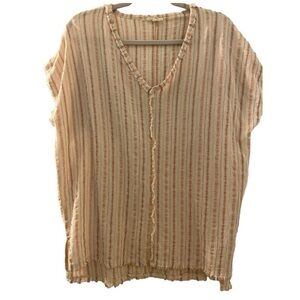 LE MIEL top, all cotton, raw hems, pink and cream stripes, short sleeves. Size L